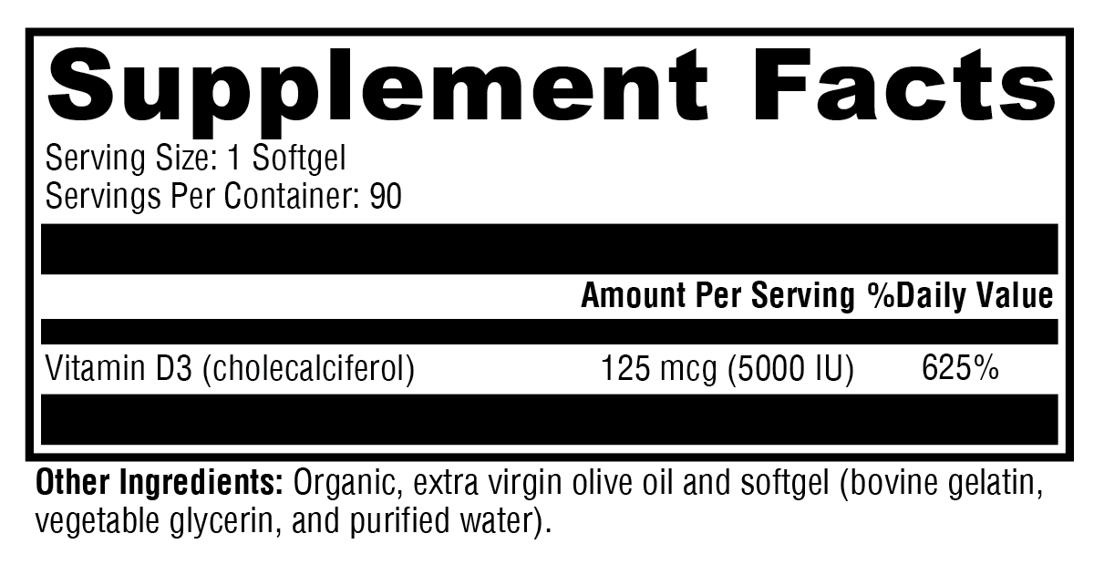 Supplement facts label with vitamin D3 information and other ingredients listed.