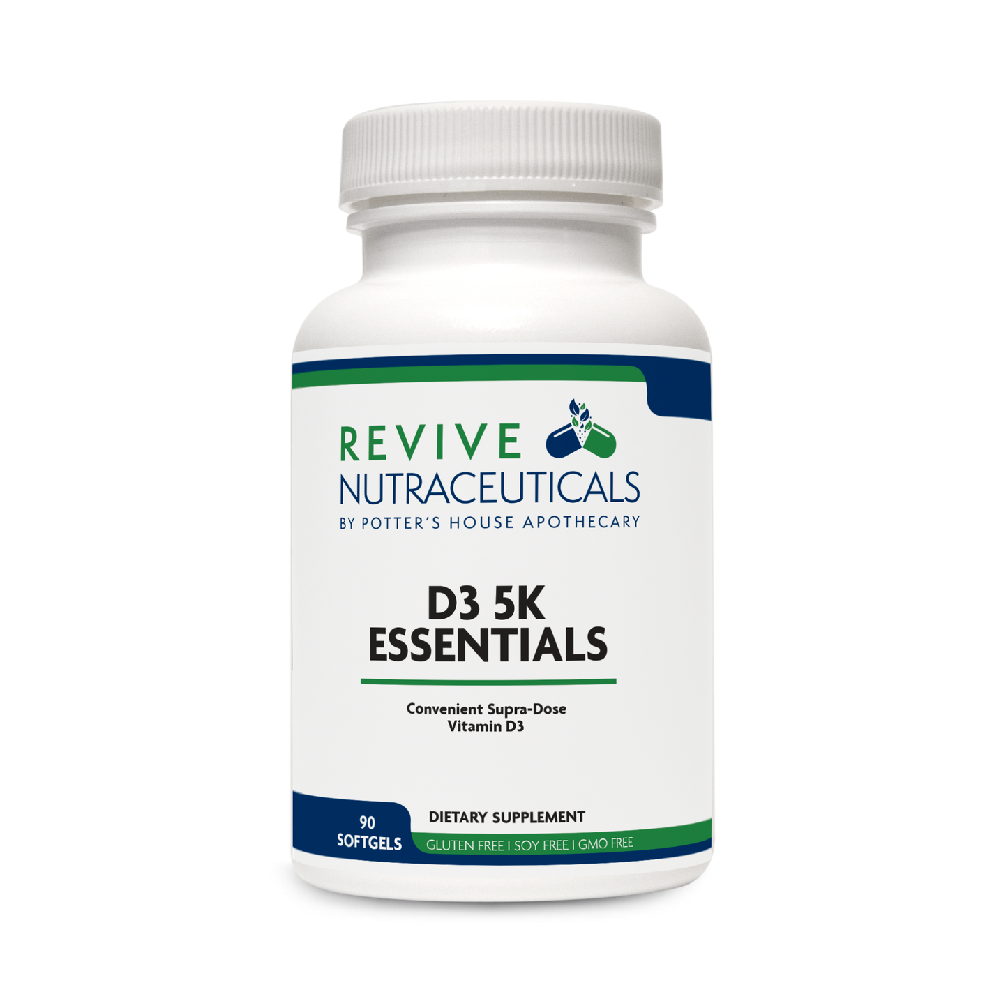 A bottle of D3 5K Essentials supplement by Revive Nutraceuticals, which is a vitamin D3 supplement labeled as 'Conjugated Sugar-Free Dose' and 'Vitamin D3 (Sugar-Free)'. The bottle has a white background with green and blue text, indicating the brand and product details.