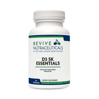 A bottle of D3 5K Essentials supplement by Revive Nutraceuticals, which is a vitamin D3 supplement labeled as 'Conjugated Sugar-Free Dose' and 'Vitamin D3 (Sugar-Free)'. The bottle has a white background with green and blue text, indicating the brand and product details.
