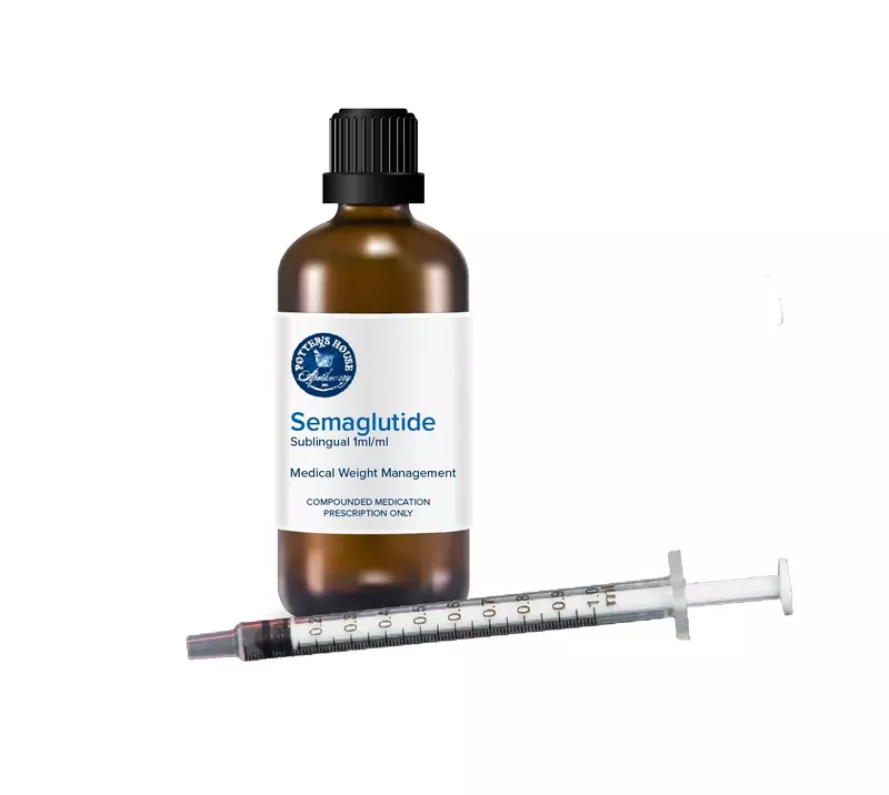 bottle of sublingual Semaglutide next to syringe