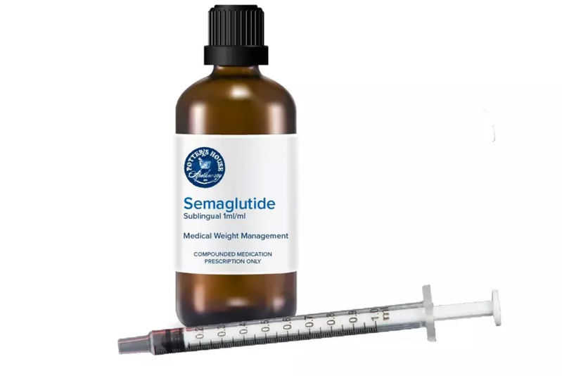 bottle of sublingual Semaglutide next to syringe