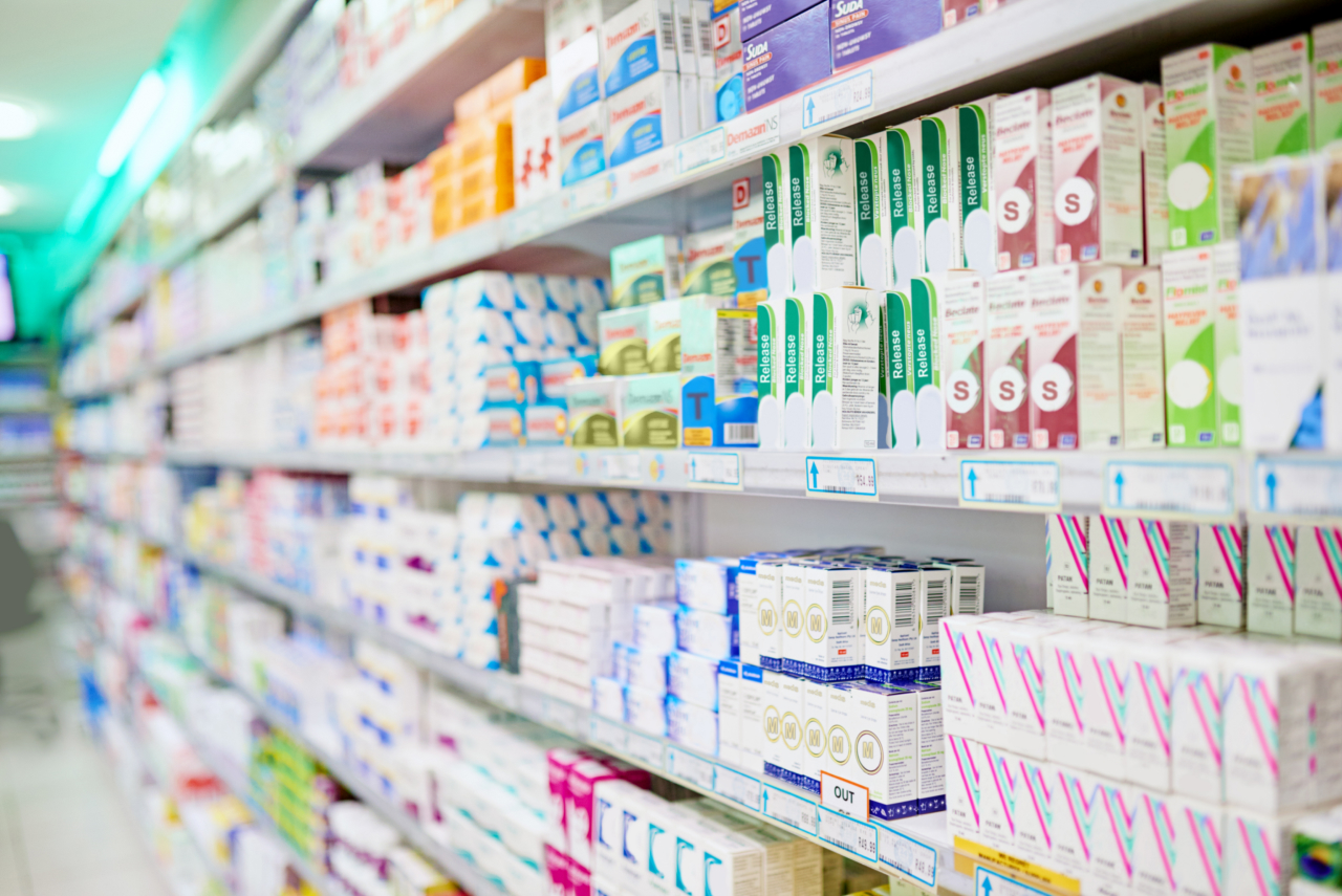 medication on shelves at pharmacy